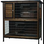 Features include: nesting box hideout, multiple doors, hay manger, secure locks, pull-out tray with wire grate. Shingled rooftop is weather and rain-resistant, keeping pets safe and dry. Wood treated with pet-safe stain to provide a longer hutch life. Eng