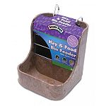 Conveniently dispenses both food and hay. Secure lock attachment. Made from wood pulp and plastic.