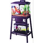 Fits 10 gallon or 14 gallon aquarium on top shelf and a 5.5 gallon tank on the bottom shelf Reversible wood panels: brown or black Front panel flips up for easy access to aquarium on lower shelf Easy 7-step setup Durable steel construction Rust-resistant