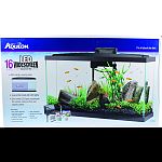 95% larger viewing area Low profile hood with led lights Cool white led lights accentuate the natural colors of fish and plants 9 piece kit contains: 16 gal glass aquarium, full hood w/lighting, quietflow power filtration, submersible heater, fish food Al