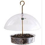 Small covered dish birdfeeder. You can use seed or mealworms or suet or fruit. The adjustable dome will keep out larger birds (but not squirrels) as well as the weather. diameter 7 inches / capacity .75 lb