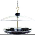 Dish saves dropped food and holds sunflower seed, mixed seed, fruit and mealworms. Protective dome is height-adjustable to invite all birds to feed or to keep larger birds out. Feeder tray unscrews for easy cleaning. May be hung by the included brass rod.
