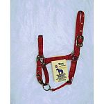 Adjustable Pony Halter with Chin Strap. Chin strap is adjustable and it has a throat snap. 3/4 inch thick (nylon)