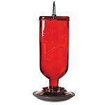 This elegant, antique glass bottle bird feeder by Opus will make an interesting addition to your hummingbird feeder collection. Made of an old fashioned looking red colored bottle with brushed copper accents, this feeder adds character to any yard.