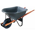 59.75 x 29.5 x 26.5 , 6 cubic foot capacity, single 16 wheels Homeowners, landscapers and light construction work Corrosion proof poly tray Strong wood handles with comfort grips