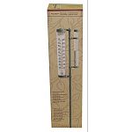 Measures up to 8 inches of rainfall. This Acu-Rite thermometer has a sturdy metal 3-piece pole that is black in color. The upper and lower caps of the thermometer cylinder are also metal and are dark green in color.