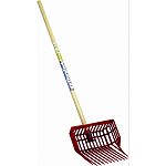 Basket designed fork helps prevent manure from slipping off Fork head is 12.25 x 11.5 with a 42 handle perfect for small adults and children Works great in confined spaces like horse trailers and small stalls Tines are uniquely angled to provide easy m