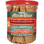 Dogs love these Cranberry and Chicken jerky treats that are made with no artificial flavors, colors or preservatives. Large 22 oz canister stuffed with these classic canine favorites.
