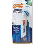 Specially formulated tartar control toothpaste with denta-c. Dual action toothbrush with rubber gum massagers to clean gums and help prevent periodontal disease. Toothbrush features an angled neck for better reach, and high-quality nylon bristles to clean