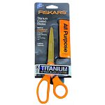 Extra tough all purpose scissors. Ideal for a vast array of cutting needs. Titanium nitride coating resist wear, scratches, chemicals, and corrosion. Cuts cardboard, paper and string.