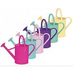 Galvanized metal watering cans with powder coated finish. 6 assorted pastel colors - yellow, duck egg blue, soft pink, blackberry, cerise and mint green.