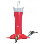 Perky pet 12 oz capacity crystal clear rose petal hummingbird feeder with built-in perches. Features 4 feeding ports, ant moat and shatterproof bottle.