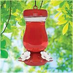 Convenient top-fill design. Wide mouth top for easy filling. Four soft, life-like flower feeding ports. Hardened CLEAR glass container. Large nectar capacity.