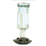 Features antique bottle design and brushed copper accents. Made of metal and glass. Metal hanger attached for ease of hanging. Features four decorative flower feeding ports surrounding the base.
