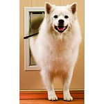 Solid aluminum construction. Locking panel. Transparent single flap for weather-tight seal. Easy do-it-yourself installation. Fits doors from 3/8 to 2 thick. Dimensions - 12 3/4 x 17 1/2 . Flap opening dimensions - 8 1/8 x 11 3/4 . For pets up to 40 p