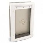Durable plastic frame with closing panel for security. Great for storm doors. Great for pets up to 220 pounds. Dimensions - 16 1/8 x 27 1/2 . Flap opening - 13 5/8 x 23 .