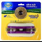 For dogs over 50 pounds. The sub features knobbed nylon buns sandwiching rubber spacers and 2 ultra-thick rawhide treat rings. These treat rings are 4x thicker than the regular busy buddyrawhide rings. The rings spin on their posts, allowing very little s