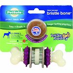 3 chewing surfaces for dogs to gnaw on, recommended for dogs over 6 months weighing inder 10 lbs Durable nylong bone, rubber nubs, and nylon bristles stimulate gums and help clean teeth Designed with chicken flavored refillable treat rings entice your dog
