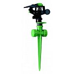 A popular pulsating sprinkler by Melnor. It can water up to an 85 foot diameter circle and allows unit to unit connections. Full or part circle pulsating sprinkler. Green Stake / Black head.