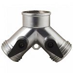 Metal 2-way Hose Connector with Built in Shut-off. This hose connector by Melnor features a built-in shut-off and is chrome plated. 2 way hose connector.