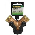 This 2-Way Brass Hose Connector by Melnor allows you to connect two hoses at the same time to the faucet. Made of solid brass for durability and has a built in shut-off. Also, has a free spinning coupling nut.