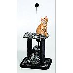Ultra-soft faux fur with designer print fabric. Sturdy multi-tier design provides perfect retreat for lounging and play. Spring balls attached to pass-through teetering platform with elevated perch and toy ball with bell.