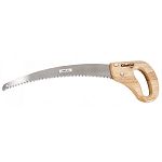 Lacquered steel blade. Sharp, deep set teeth. Durable hardwood handle.