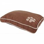Gusseted pillow Combines angora lambswool plush with tan and denim blue micro suedes Non-skid botton Features coordinating paw print applique
