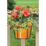 10 in. - choose Black or White. Wire Flower Pot Holder With Adjustable Bracket, Allows A Flower Pot To Be Attached To Any 2 x 4, 2 x 6, or Wrought Iron Railing, Vinyl Coated Steel.