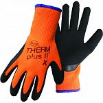 Stretchable, extra-heavy, high-vis polyester shell. Brushed interior for warmth. Textued latex coasted palm. Knit wrist.
