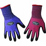 Dipped and dotted nitrile palm and fingers. Stretchable nylon shell. Knit wrist. Assorted colors: purple, red.