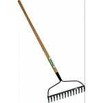 Slighlty rounded tines for loosening compact soil, gathering stones and large weeds and for seedbed preparation 16 bow shape head provides spring to reduce fatigue 60 hardwood handle with urathane coating to protect from weather corrosion Can be used to