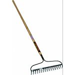 Slighlty rounded tines for loosening compact soil, gathering stones and large weeds and for seedbed preparation 16 bow shape head provides spring to reduce fatigue 60 hardwood handle with urathane coating to protect from weather corrosion Can be used to