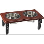 Product is an adjustable height diner dish in attractive wood tones with 2 stainless steel bowls.