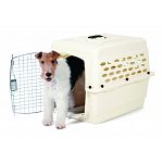 28x20.5x21.5 inches. For pets 20 to 30 pounds such as boston terriers, french bulldogs and miniature pinschers. Offers a simple and basic way to train pets and keep them safe. Consists of heavy duty plastic top and bottom sections, secure locking steel do