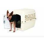 32x22.5x24 inches. For pets 30 to 50 pounds sych as basset hounds, cocker spaniels and corgis. Offers a simple and basic way to train pets and keep them safe. Consists of heavy duty plastic top and bottom sections, secure locking steel door and wing nuts