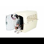 36x25x27 inches. For pets 50 to 70 pounds such as australian shepherds, dalmations and huskies. Offers a simple and basic way to train pets and keep them safe. Consists of heavy duty plastic top and bottom sections, secure locking steel door and wing nuts