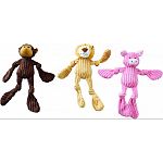Soft corduroy plush dog toys with knotted arms 2 layers of fabric and overstuffed for extra strength Comes in an assortment of fun animal shapes Crinkles and squeaks!