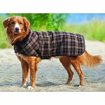 Classic plaid print coat with microfiber polar fleece inside Velcor neck and belly for easy on and off Microfiber polar fleece collar Machine washable