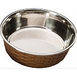 The soho basketweave dish is a trendy basket weave design with non skid rubber rim.