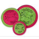 A flexible frisbee toy that dogs love. Can be folded to fit in a pocket or pack. Durable nylon construction that is machine washable and won hurt a dog mouth. Floats. This is not a chew toy. Made from a durable soft material.