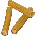 A sheet of rawhide is rolled and stuffed with a wholesome, meaty mixture. The resulting treat couples the teeth cleaning advantages of a long lasting chew with the delicious taste of the stuffing.