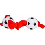 Perfect for puppies and toy breeds Plush tug toy featuring vinyl soccerballs Hours of interactive fun