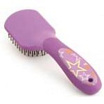 Ergonomic, dual-injection molded Equestria Sport LUCKYSTAR mane & tail brush with hanging hole, hanging loop and UPC hang tag. Features durable ball-tipped wire teeth to effectively detangle coarse mane and tail hair.