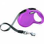 3mm tape, leash recommended for dogs up to 26 pounds Reflective components Chromed snap hook Short-stroke braking system Can be customized with led lighting system and multi box, sold separately