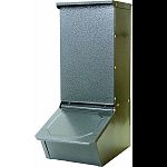 Durable galvanized steel hog feeder can be mounted on wall or rail or freestanding Feed doors specially designed to keep out moisture and pests, but can be wired open for starting pigs Top door for easy loading Completely assembled Made in the usa