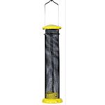 Holds up to 1 pound of nyjer thistle seed. Heavy-duty metal top, bottom and perches. Heavy-duty mesh screen. Easy-open top. Decorative and functional. Fully assembled.
