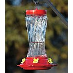 Classic design hummingbird with a beautiful swirl effect. Hang anywhere in your yard and fill with Nectar - Red with clear glass 16 oz.