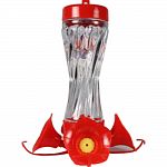 Clear glass bird feeder that attracts a variety of hummingbirds Decorative twist-off base of four, no drip flowers Four swirling perches makes it easy to clean and fill