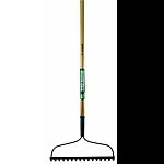 Bow rake for leveling dirt, mulch, gravel and sand Clear coated rake head is made of metal with short, thick, wide teeth Premium grade laquered hardwood handle for strength and durability Spray clean with garden hose, coat with silicone spray to prevent c